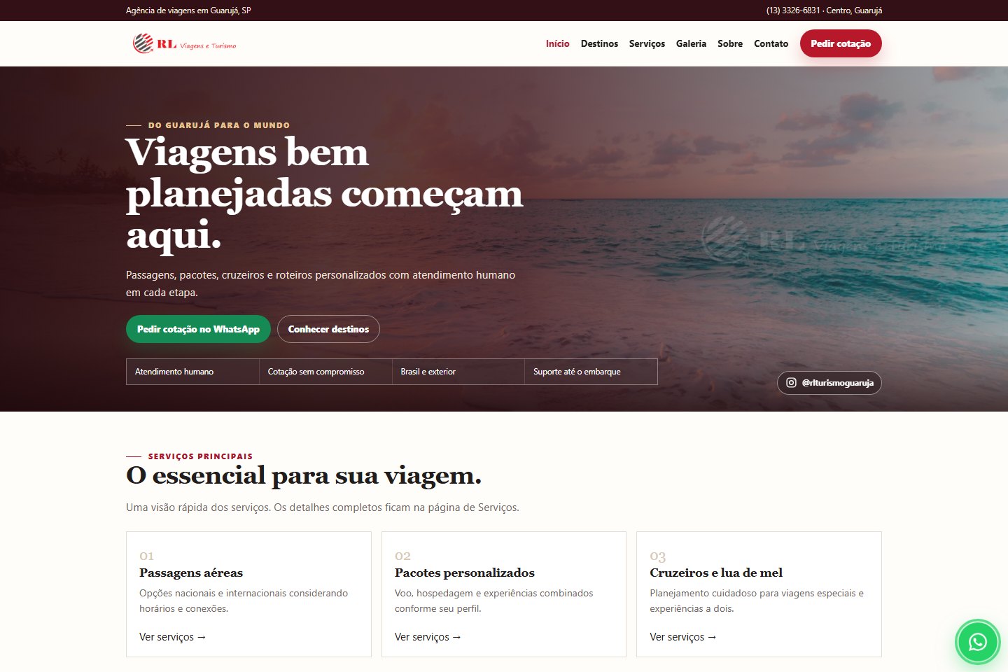 Página inicial do projeto RL Viagens e Turismo